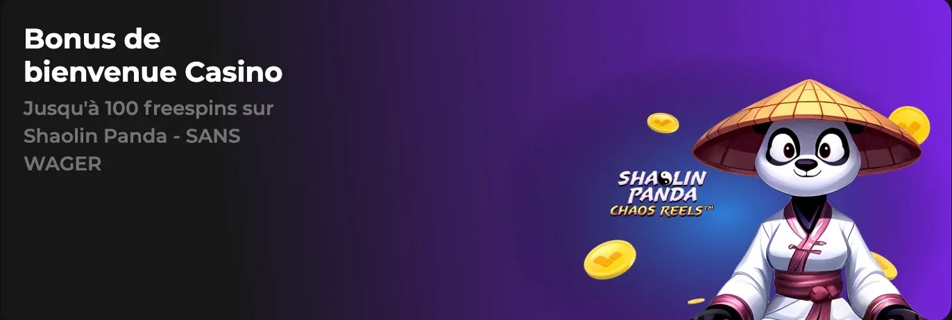 Panda Shaolin Panda qui représente le bonus Betify de bienvenue sur un fond violet avec des jetons jaunes autour de lui