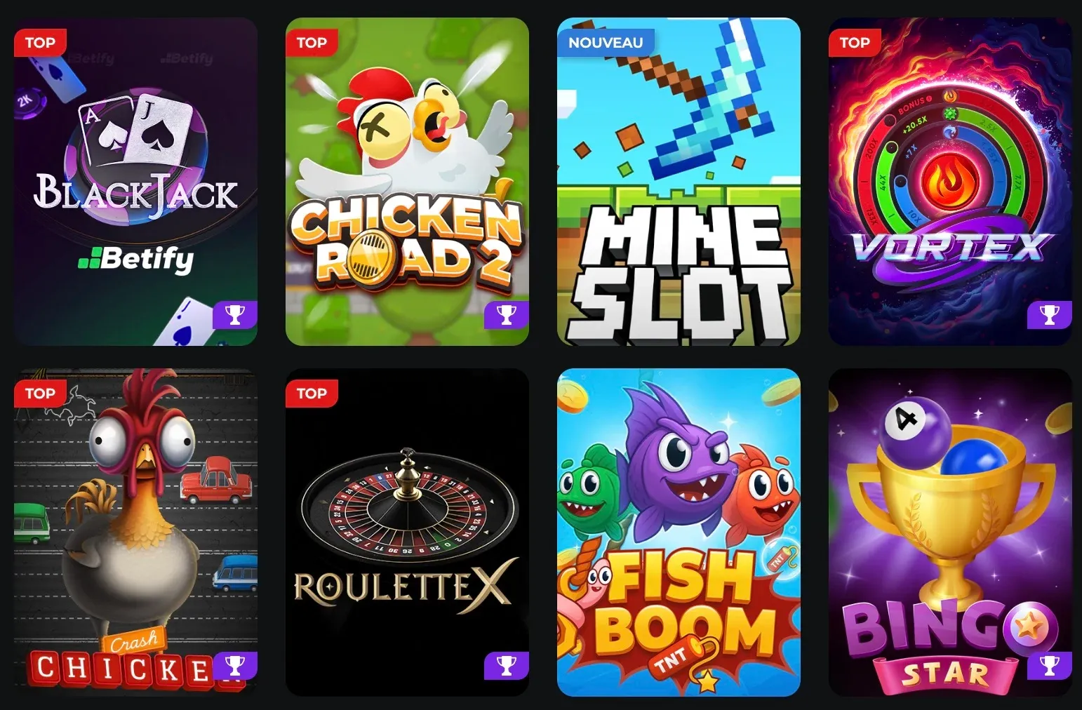 Icônes de jeux disponibles sur Betify avec Mineslot, vortex ou encore Chicken Road