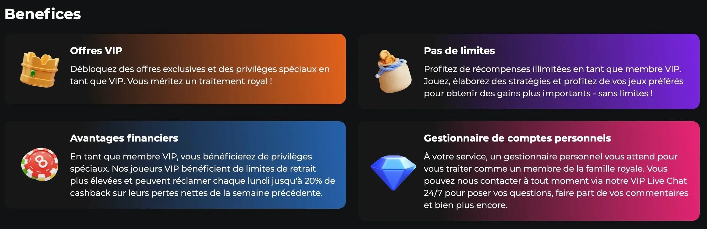 4 carrés de couleurs pour chaque bénéfice du programme VIP de Betify sur un fond noir