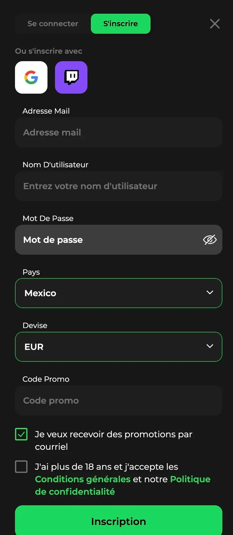 Formulaire d'inscription Betify