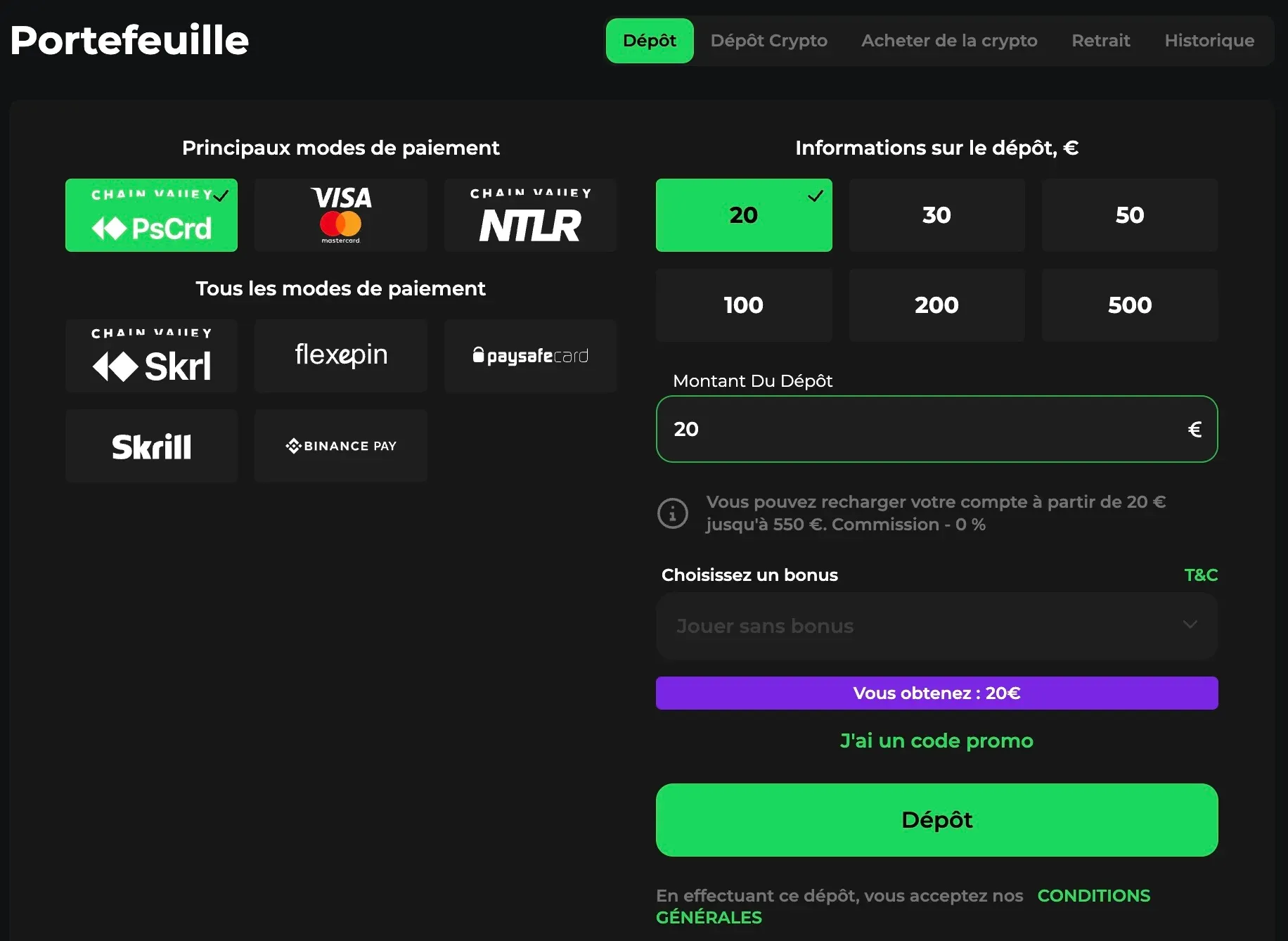Formulaire pour choisir sa devise et méthode de dépôts sur Betify