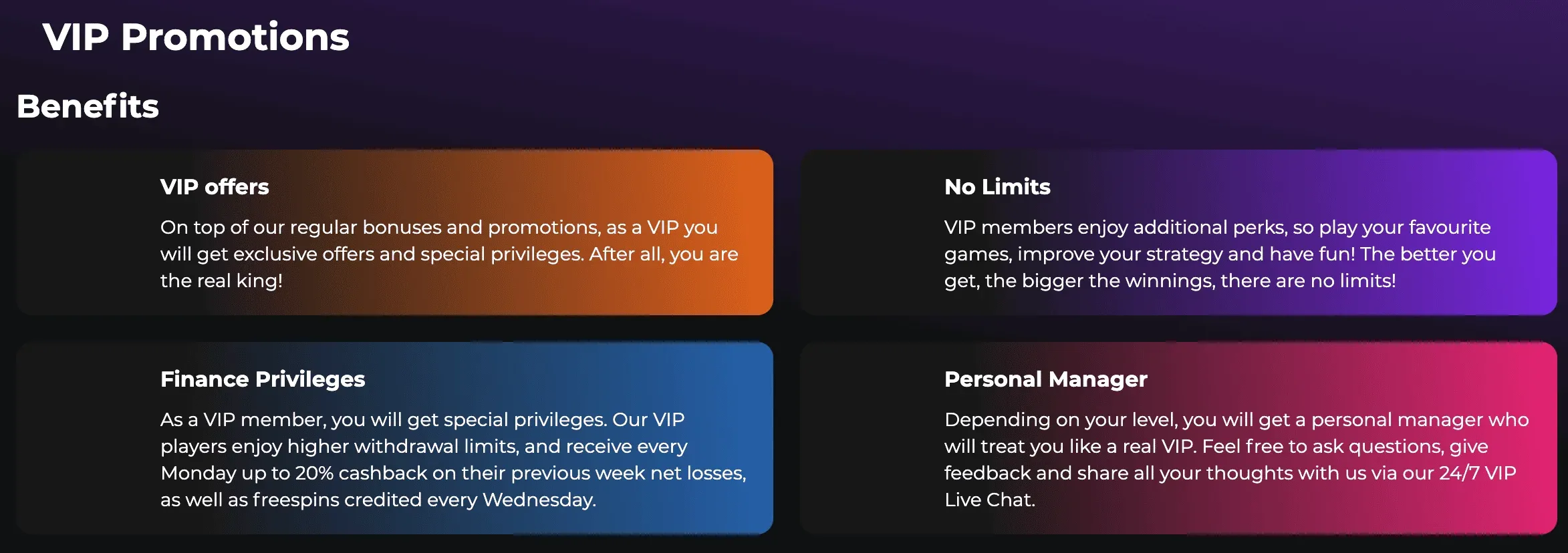 Overzicht van VIP-voordelen bij Betify met kaarten voor exclusieve VIP-aanbiedingen, geen limieten, financiële voordelen zoals cashback en een persoonlijke accountmanager beschikbaar via live chat.