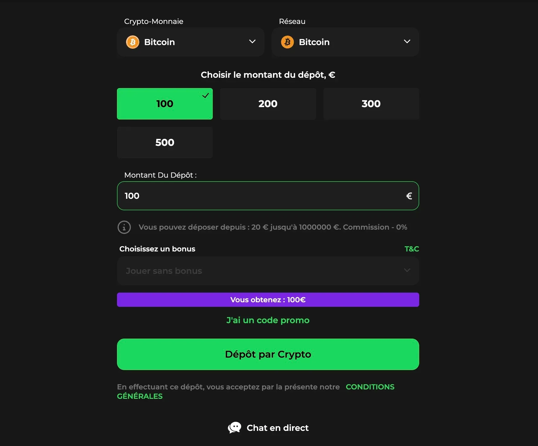Dépots crypto bitcoin sur betify