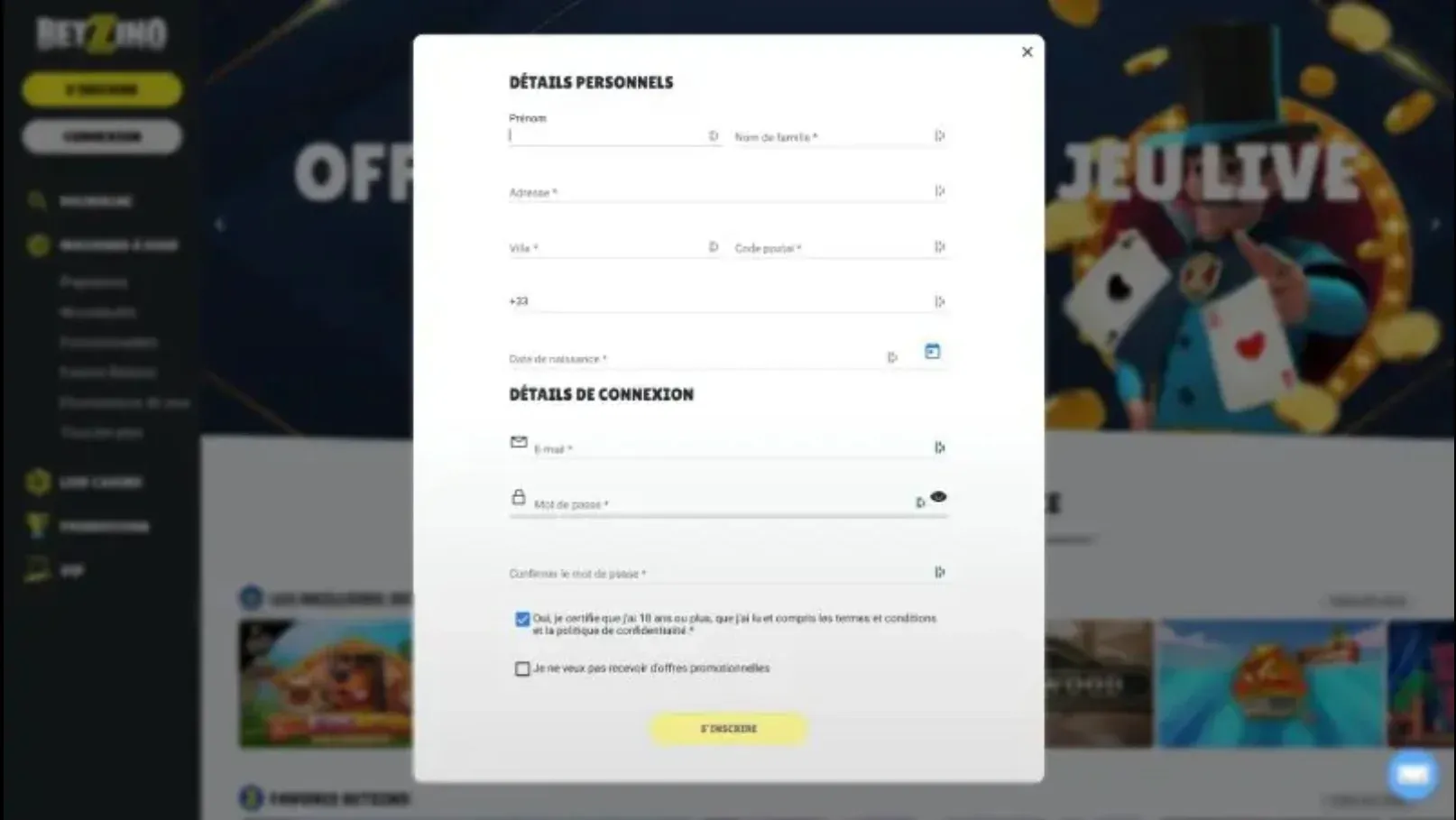 Formulaire inscription Betzino