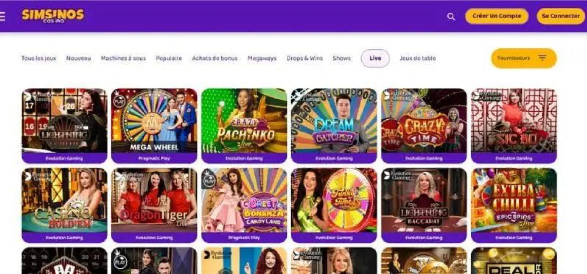 Page d'accueil du casino Simsinos