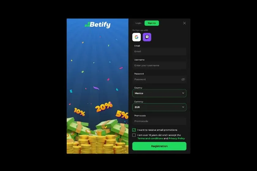 Formulaire inscription de Betify