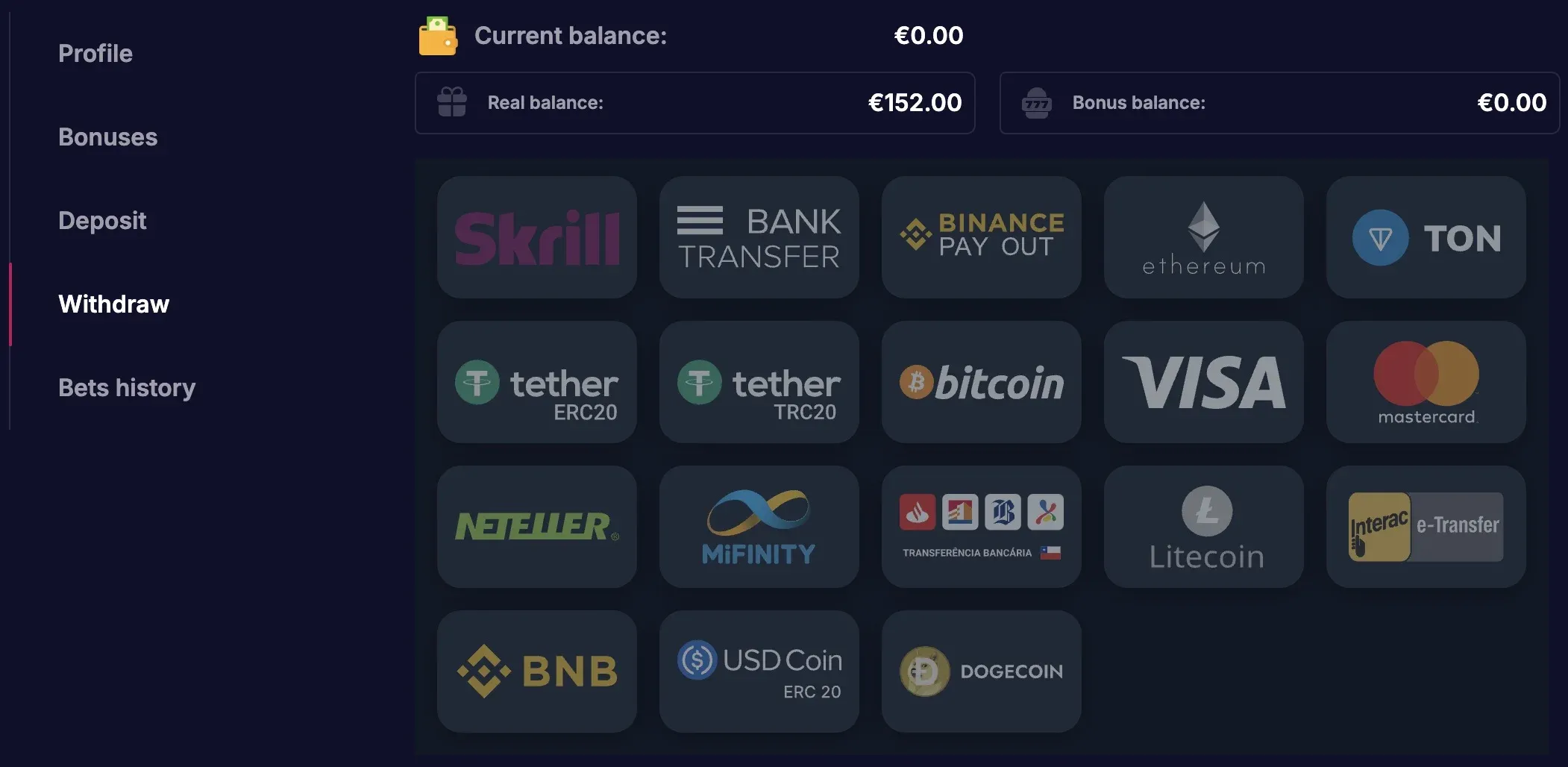Methode und Betrag auswählen