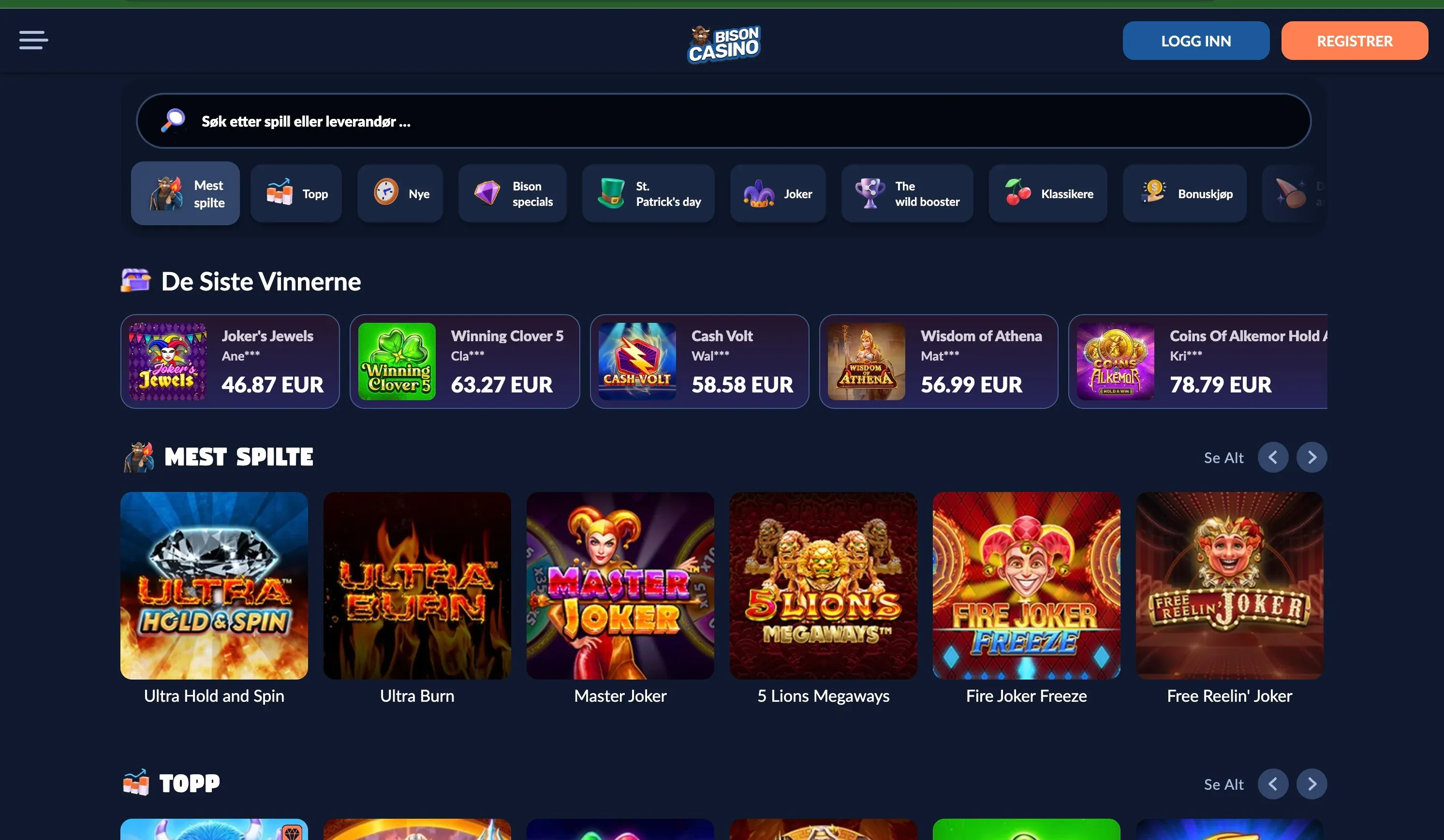 Bison Casino Page d'accueil