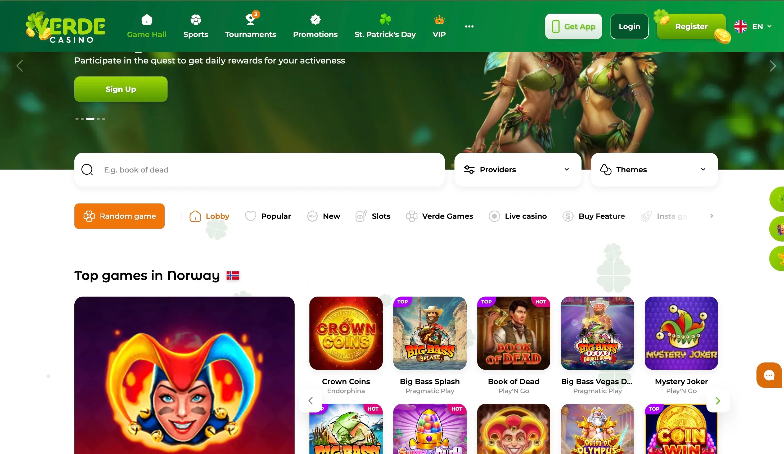 Verde Casino Page d'accueil