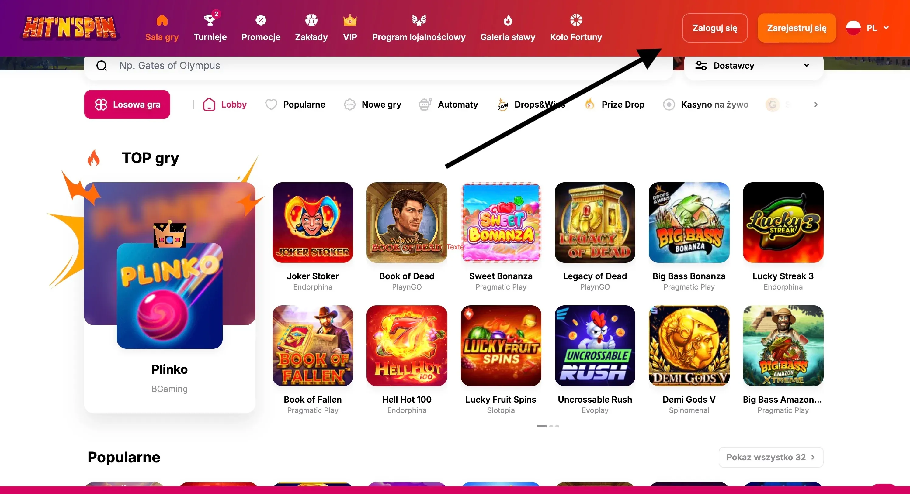 Przycisk rejestracji w kasynie Hitnspin