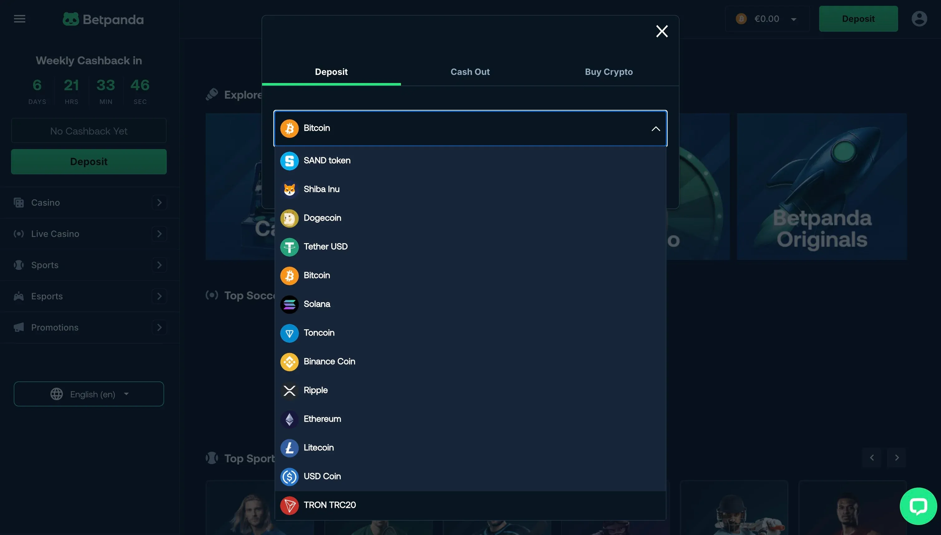 Cryptos Deposit on Betpanda