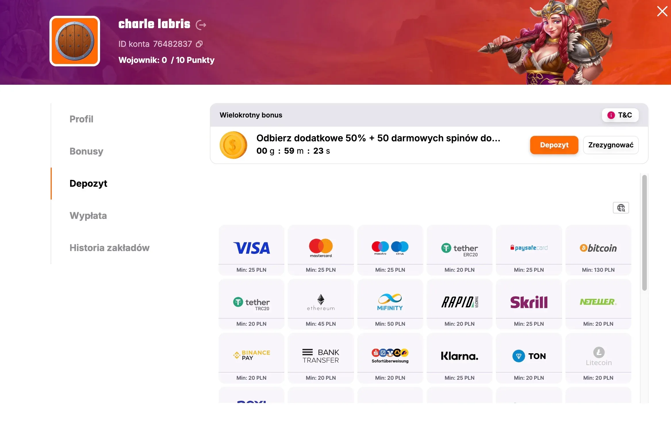 Sekcja depozytów w kasynie Hitnspin