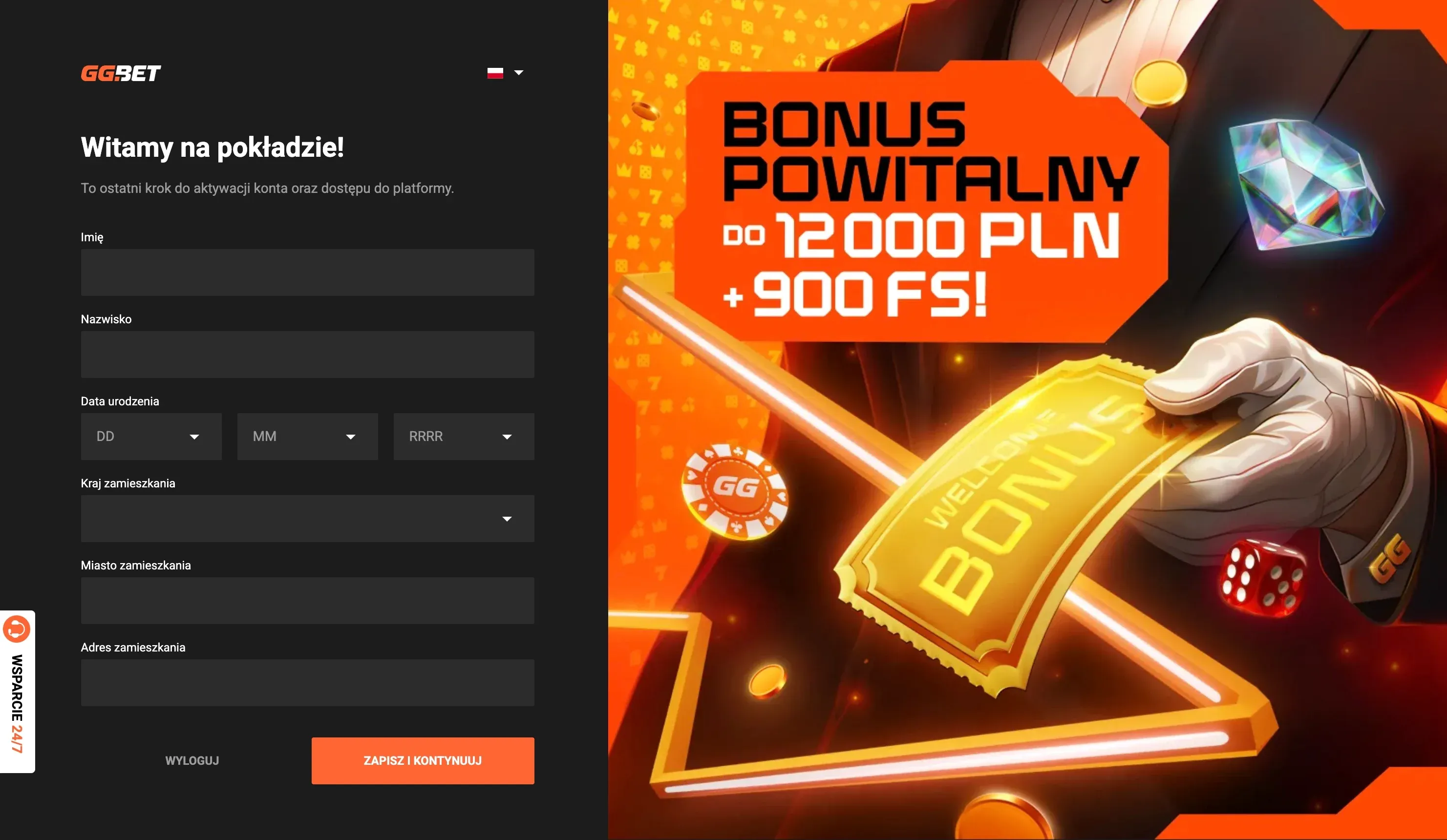 Formularz rejestracyjny w kasynie GGBet