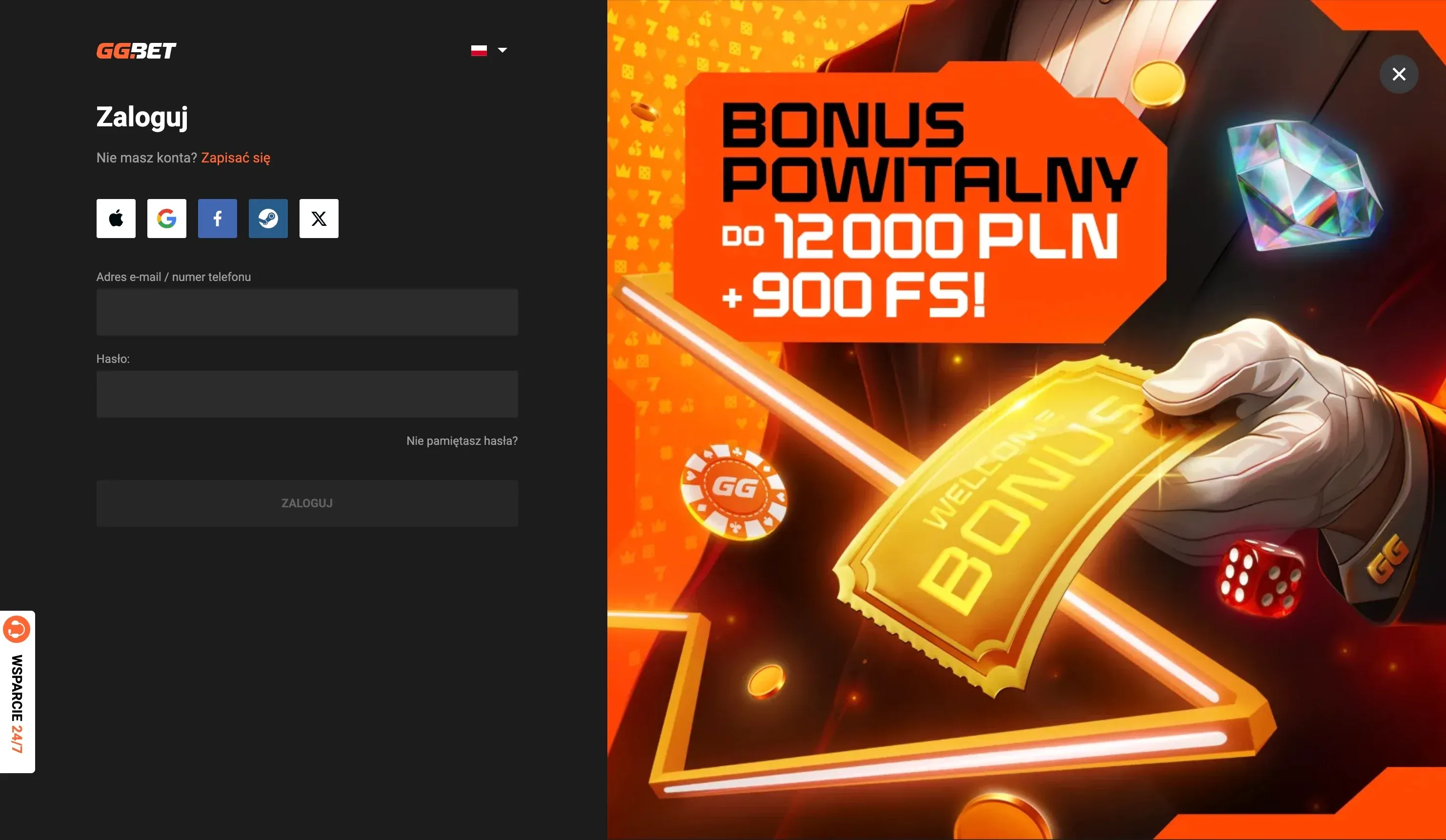 Formularz rejestracyjny w kasynie GGBet
