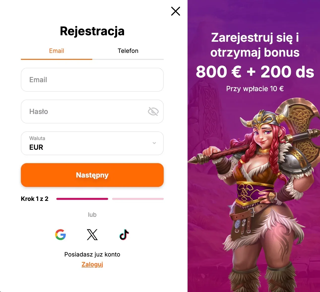 Formularz rejestracyjny w kasynie Hitnspin