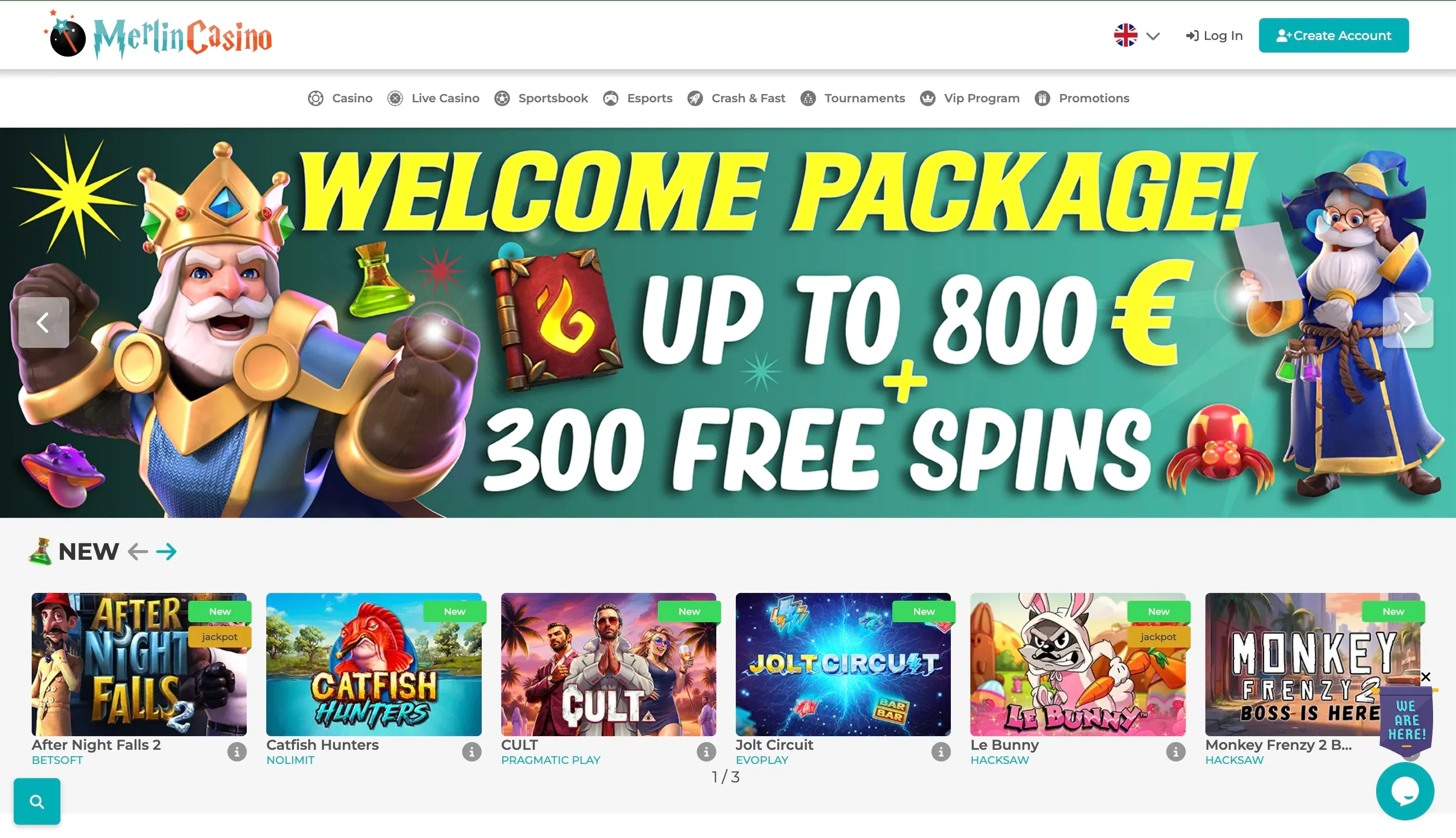 Page d'accueil du casino Merlin Casino