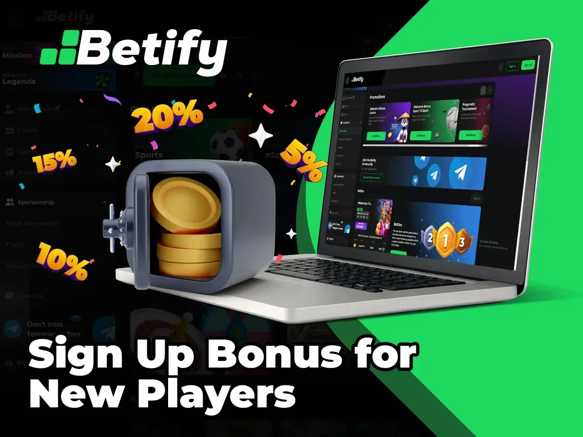 Illustratie van een Betify-promotie met een laptop waarop de online casino-interface te zien is, een kluis gevuld met munten en weergegeven bonuspercentages, vergezeld van de tekst “Sign Up Bonus for New Players”.